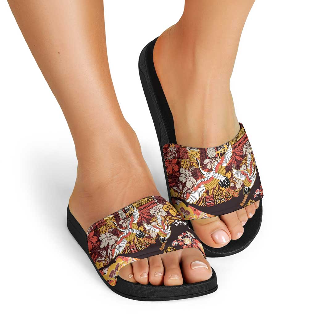 Japanese Hawaiian Crane Slide Sandals Yellow Ochre Tapa Patchwork Pattern