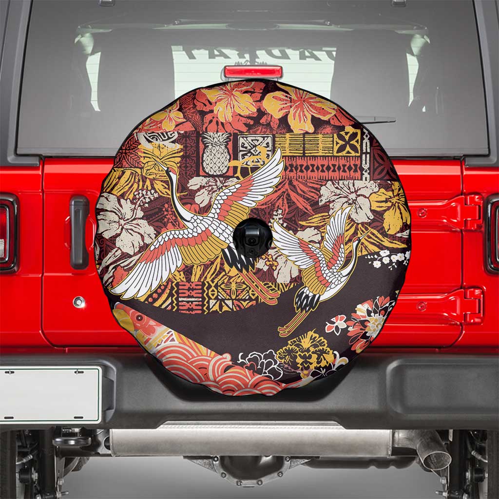 Japanese Hawaiian Crane Spare Tire Cover Yellow Ochre Tapa Patchwork Pattern