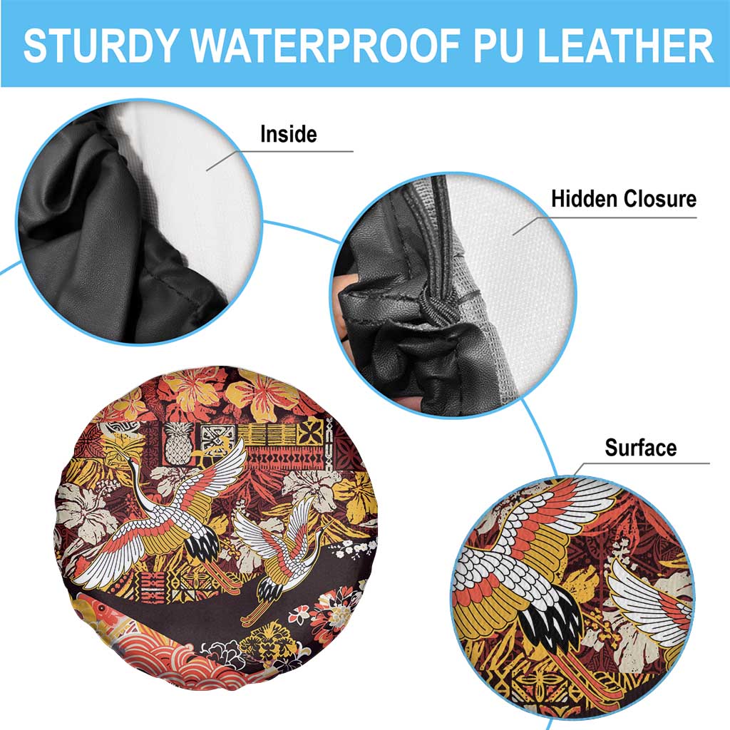 Japanese Hawaiian Crane Spare Tire Cover Yellow Ochre Tapa Patchwork Pattern