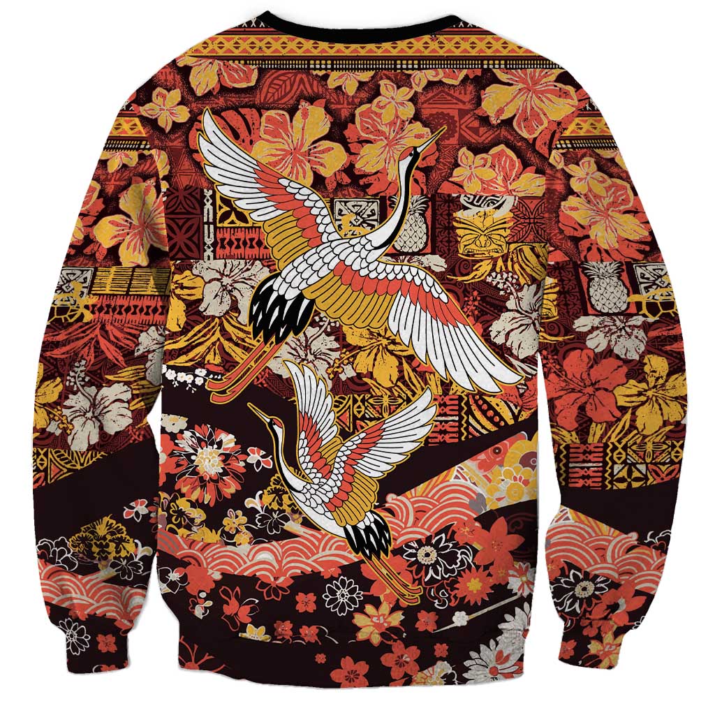 Japanese Hawaiian Crane Sweatshirt Yellow Ochre Tapa Patchwork Pattern