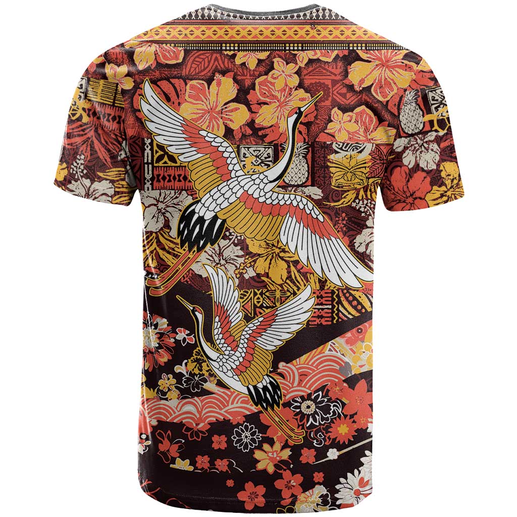 Japanese Hawaiian Crane T Shirt Yellow Ochre Tapa Patchwork Pattern