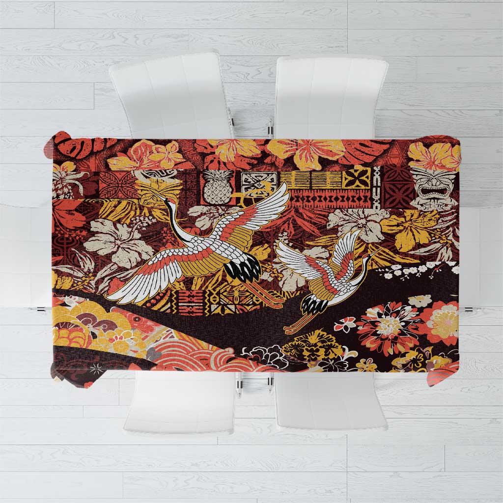 Japanese Hawaiian Crane Tablecloth Yellow Ochre Tapa Patchwork Pattern
