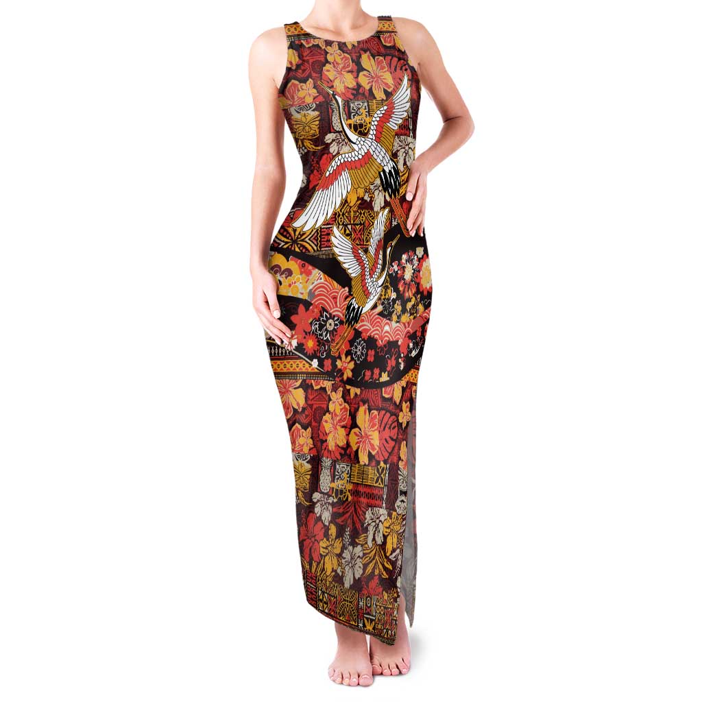 Japanese Hawaiian Crane Tank Maxi Dress Yellow Ochre Tapa Patchwork Pattern