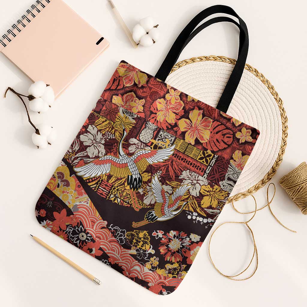 Japanese Hawaiian Crane Tote Bag Yellow Ochre Tapa Patchwork Pattern