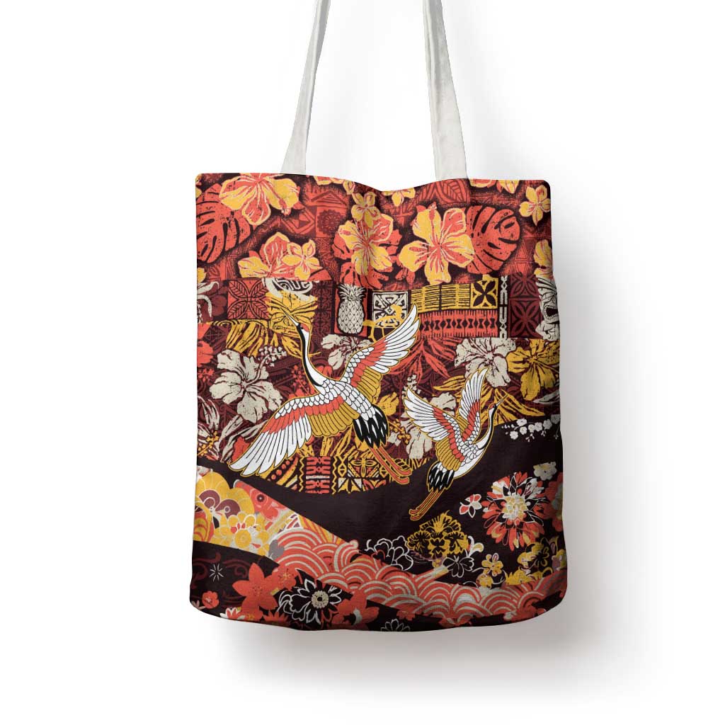 Japanese Hawaiian Crane Tote Bag Yellow Ochre Tapa Patchwork Pattern