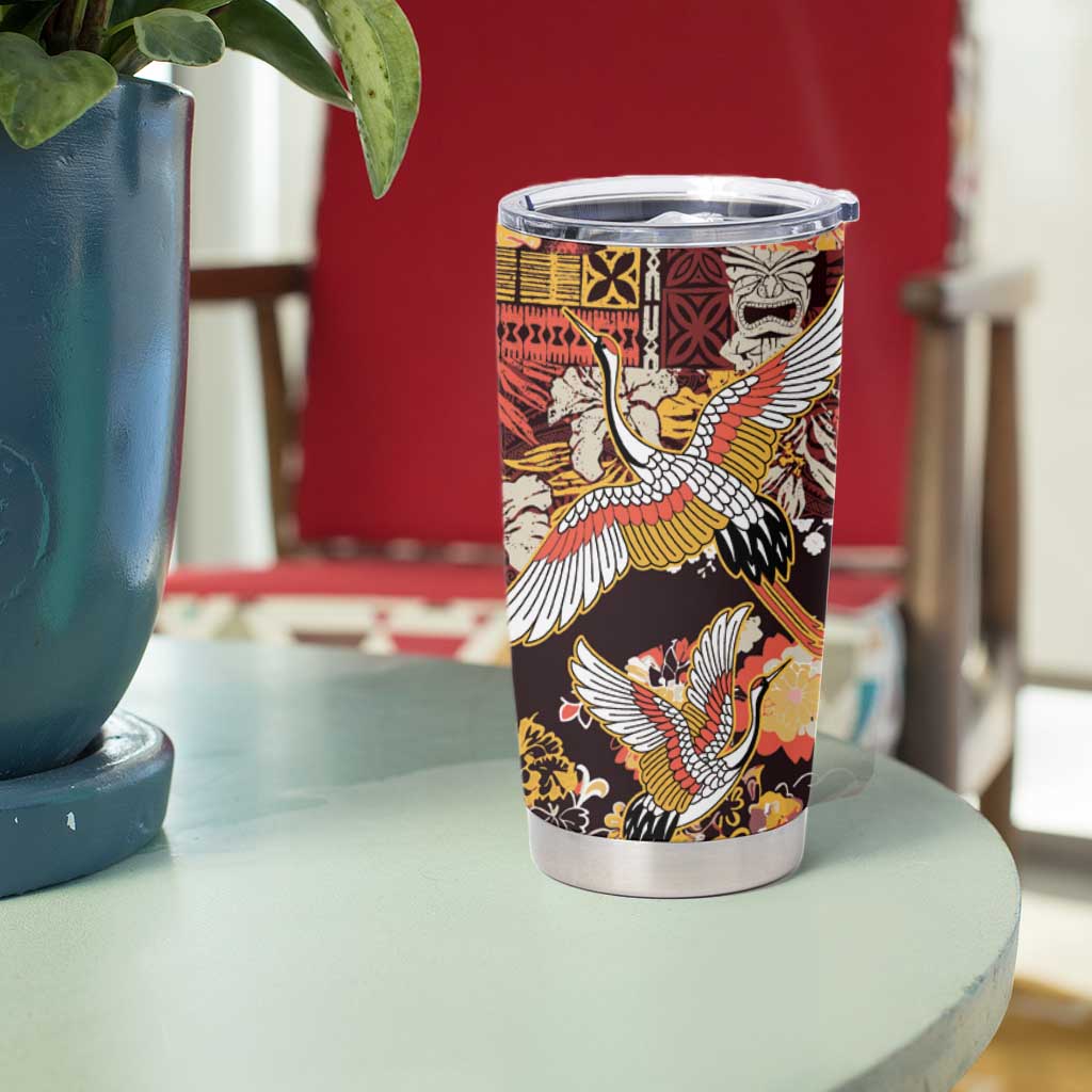 Japanese Hawaiian Crane Tumbler Cup Yellow Ochre Tapa Patchwork Pattern