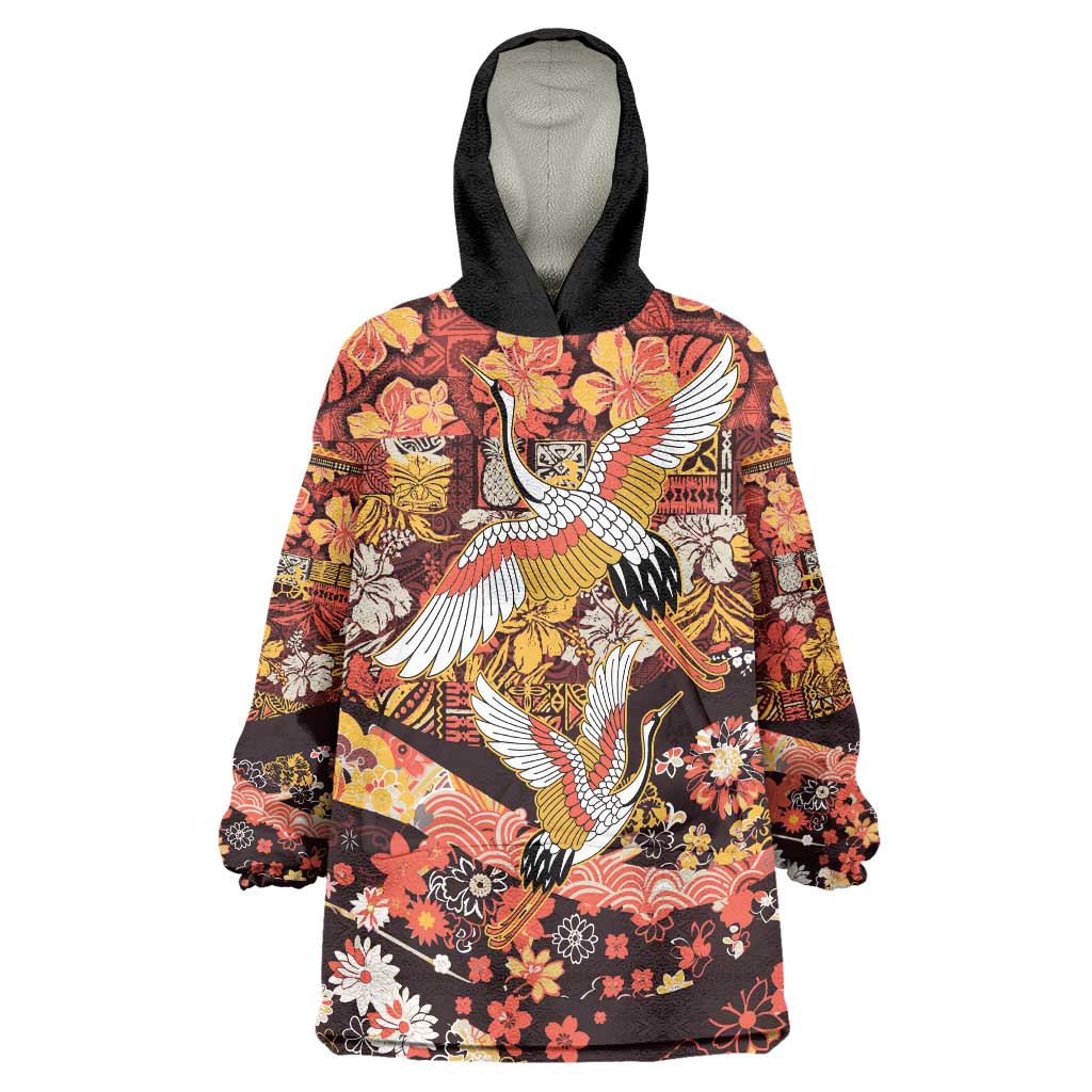 Japanese Hawaiian Crane Wearable Blanket Hoodie Yellow Ochre Tapa Patchwork Pattern