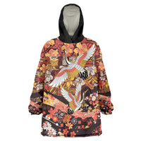 Japanese Hawaiian Crane Wearable Blanket Hoodie Yellow Ochre Tapa Patchwork Pattern