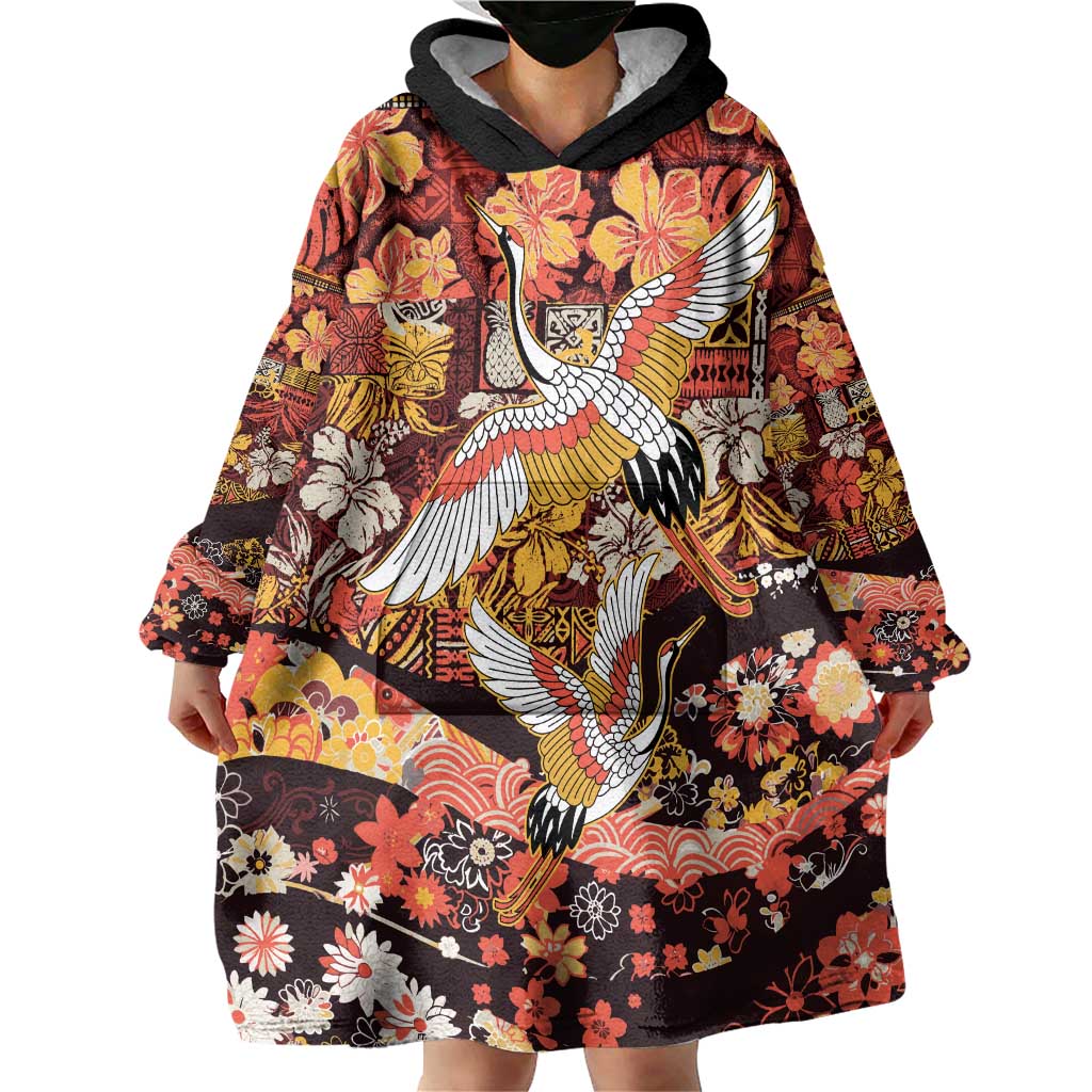 Japanese Hawaiian Crane Wearable Blanket Hoodie Yellow Ochre Tapa Patchwork Pattern