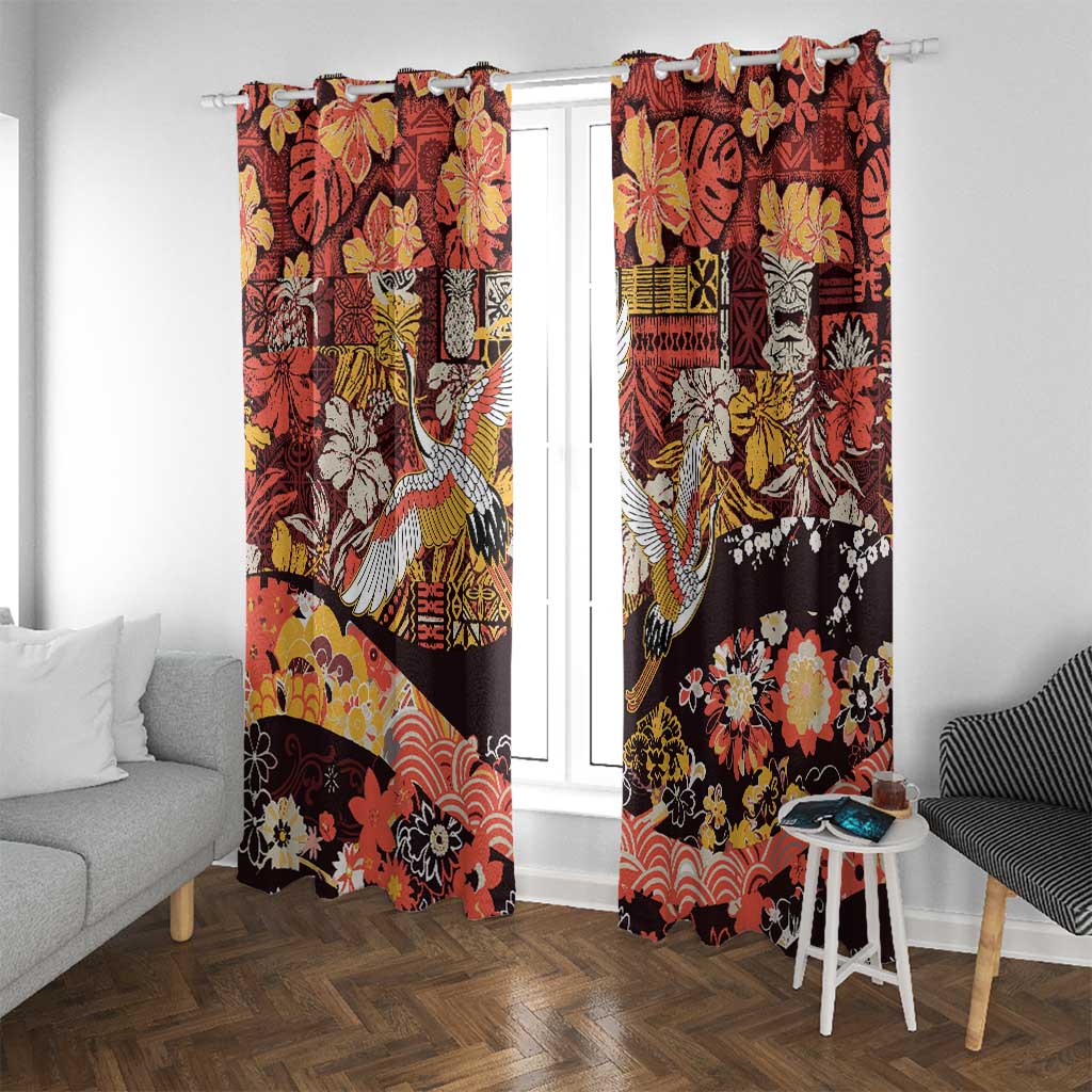 Japanese Hawaiian Crane Window Curtain Yellow Ochre Tapa Patchwork Pattern