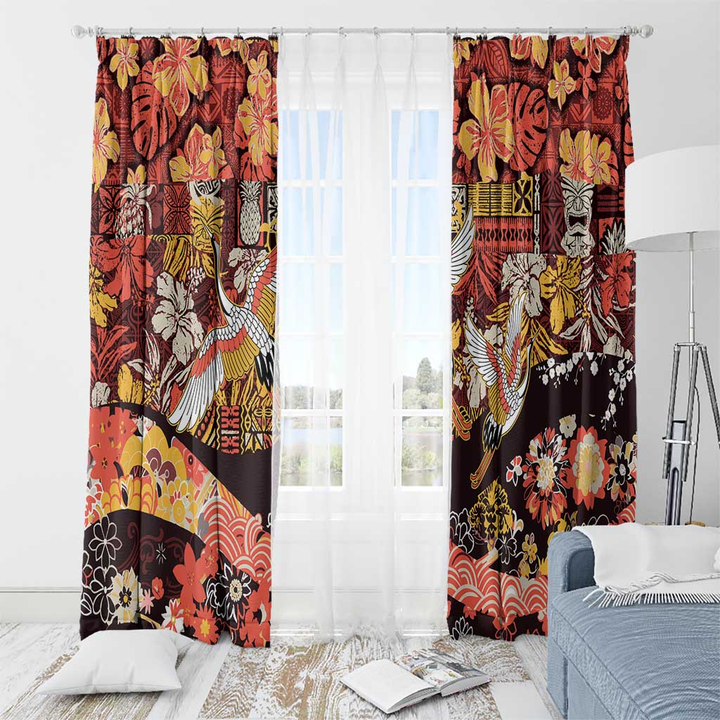Japanese Hawaiian Crane Window Curtain Yellow Ochre Tapa Patchwork Pattern