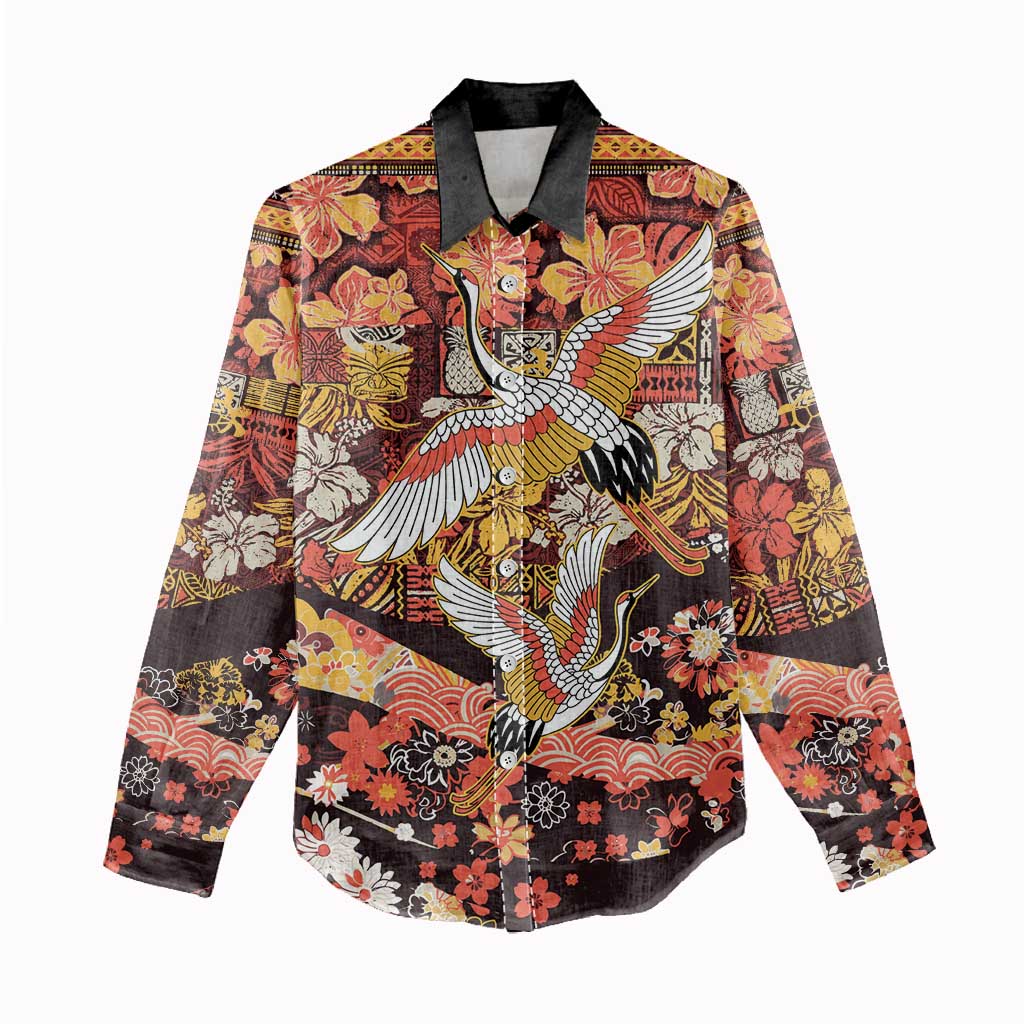 Japanese Hawaiian Crane Women Casual Shirt Yellow Ochre Tapa Patchwork Pattern