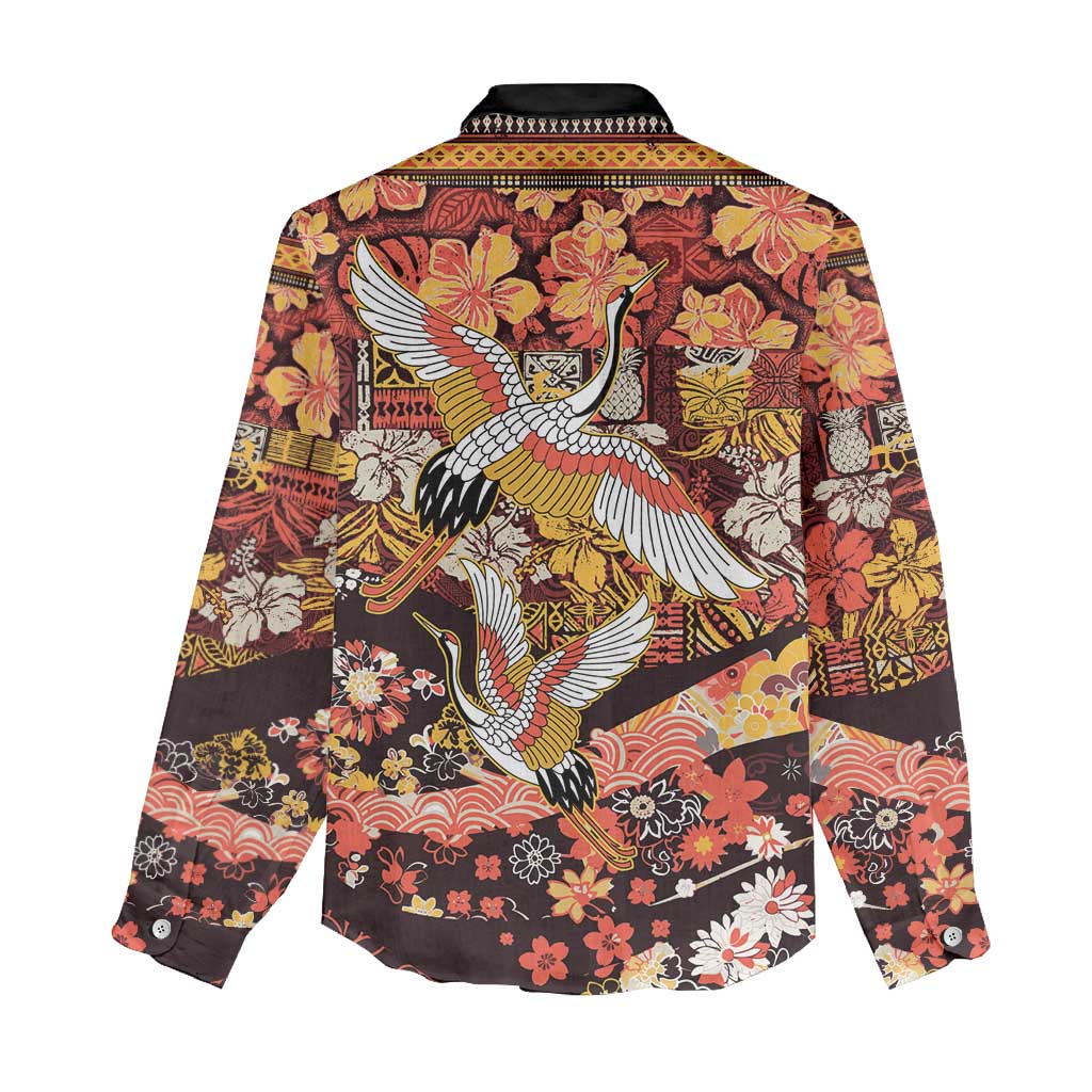 Japanese Hawaiian Crane Women Casual Shirt Yellow Ochre Tapa Patchwork Pattern