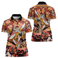 Japanese Hawaiian Crane Women Polo Shirt Yellow Ochre Tapa Patchwork Pattern