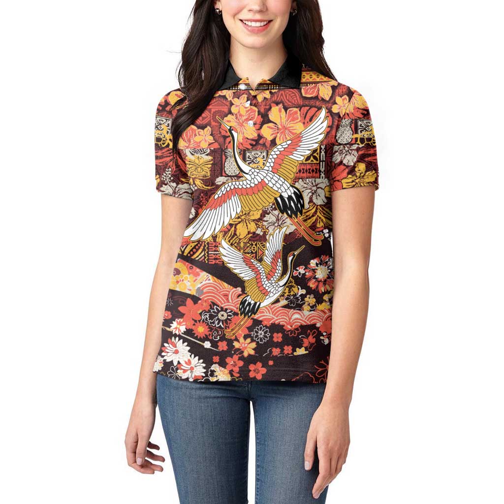 Japanese Hawaiian Crane Women Polo Shirt Yellow Ochre Tapa Patchwork Pattern