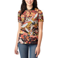 Japanese Hawaiian Crane Women Polo Shirt Yellow Ochre Tapa Patchwork Pattern