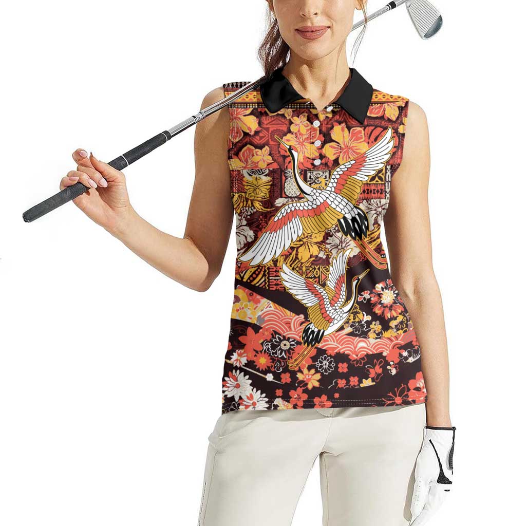 Japanese Hawaiian Crane Women Sleeveless Polo Shirt Yellow Ochre Tapa Patchwork Pattern