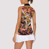 Japanese Hawaiian Crane Women Sleeveless Polo Shirt Yellow Ochre Tapa Patchwork Pattern