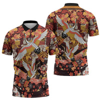 Japanese Hawaiian Crane Zipper Polo Shirt Yellow Ochre Tapa Patchwork Pattern