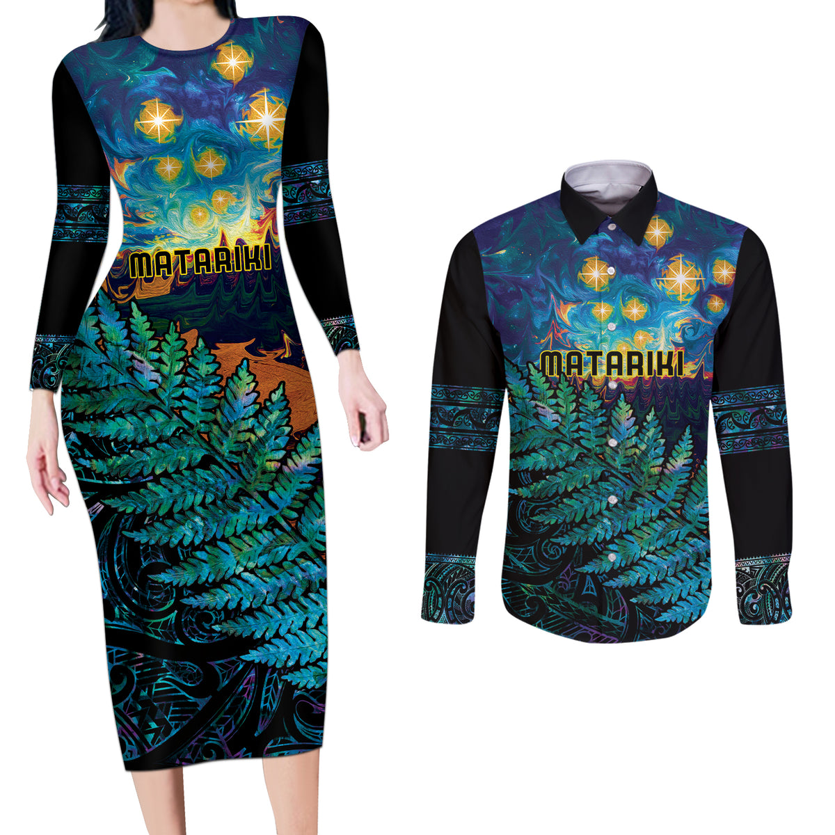 Matariki Te Tau Hou Maori Couples Matching Long Sleeve Bodycon Dress and Long Sleeve Button Shirt New Zealand Silver Fern Night Starry Sky LT9 Black - Polynesian Pride