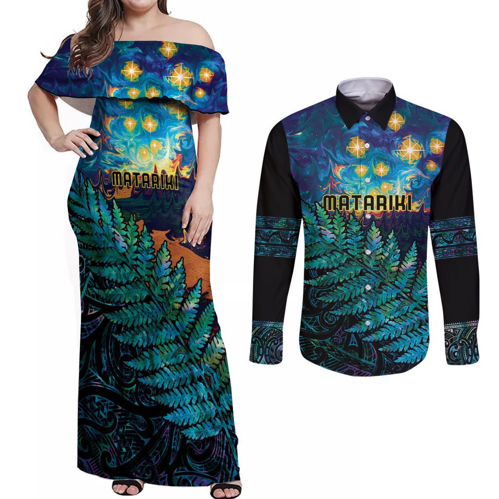 Matariki Te Tau Hou Maori Couples Matching Off Shoulder Maxi Dress and Long Sleeve Button Shirt New Zealand Silver Fern Night Starry Sky LT9 Black - Polynesian Pride