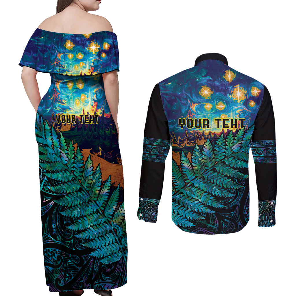 Matariki Te Tau Hou Maori Couples Matching Off Shoulder Maxi Dress and Long Sleeve Button Shirt New Zealand Silver Fern Night Starry Sky LT9 - Polynesian Pride