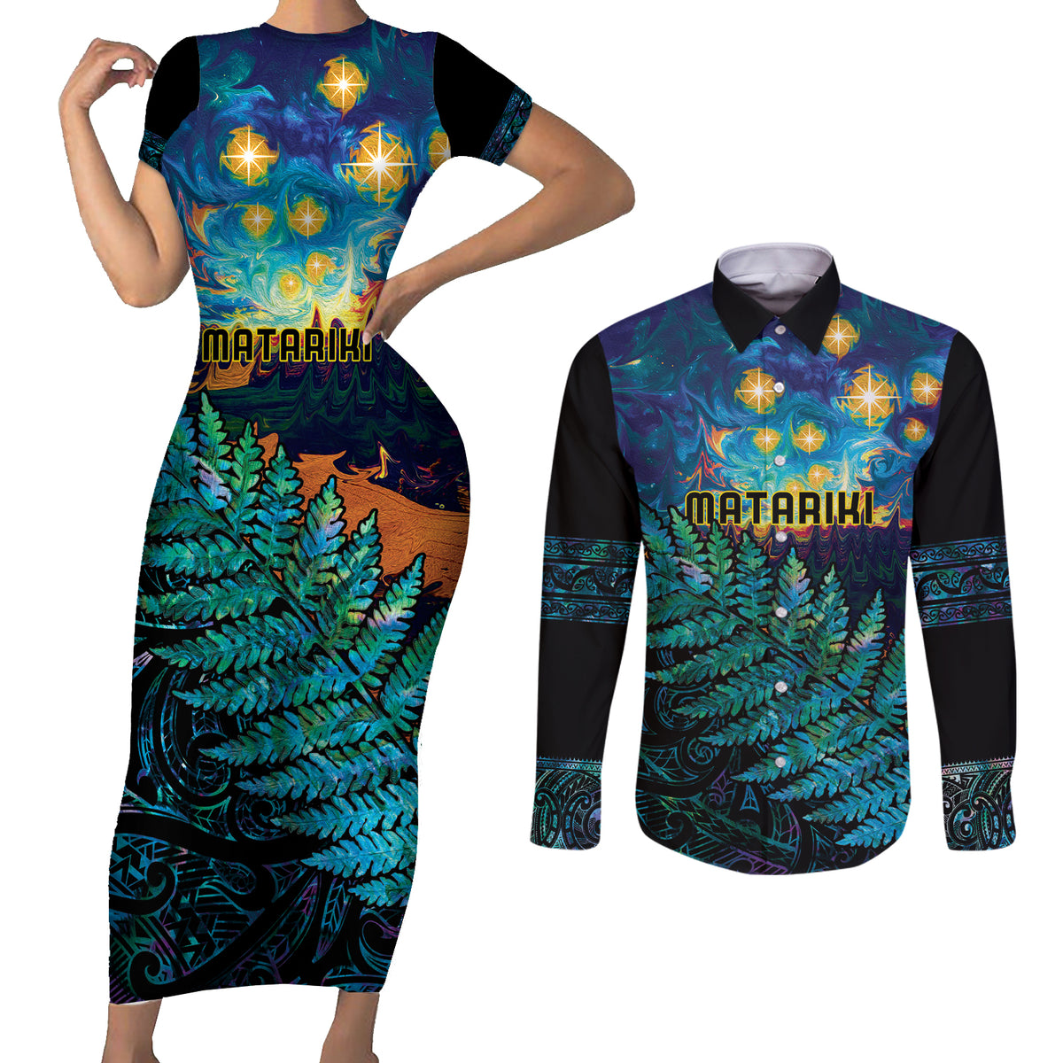 Matariki Te Tau Hou Maori Couples Matching Short Sleeve Bodycon Dress and Long Sleeve Button Shirt New Zealand Silver Fern Night Starry Sky LT9 Black - Polynesian Pride