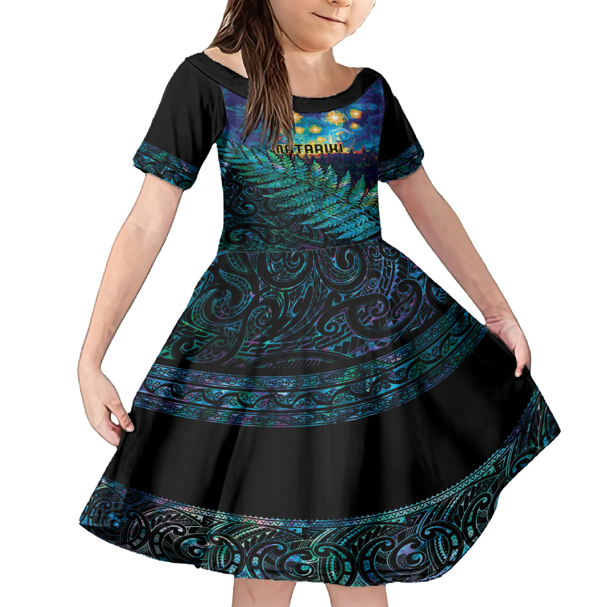 Matariki Te Tau Hou Maori Kid Short Sleeve Dress New Zealand Silver Fern Night Starry Sky LT9 KID Black - Polynesian Pride
