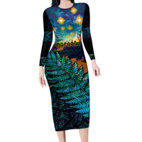 Matariki Te Tau Hou Maori Long Sleeve Bodycon Dress New Zealand Silver Fern Night Starry Sky LT9 Long Dress Black - Polynesian Pride