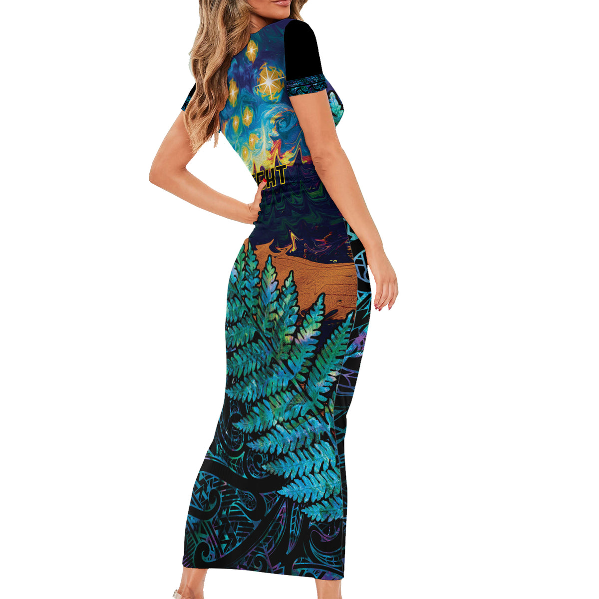 Matariki Te Tau Hou Maori Short Sleeve Bodycon Dress New Zealand Silver Fern Night Starry Sky LT9 - Polynesian Pride