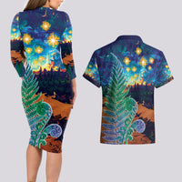 Personalised New Zealand Matariki Art Star Couples Matching Long Sleeve Bodycon Dress and Hawaiian Shirt Koru Fern Night Starry Sky LT9 - Polynesian Pride