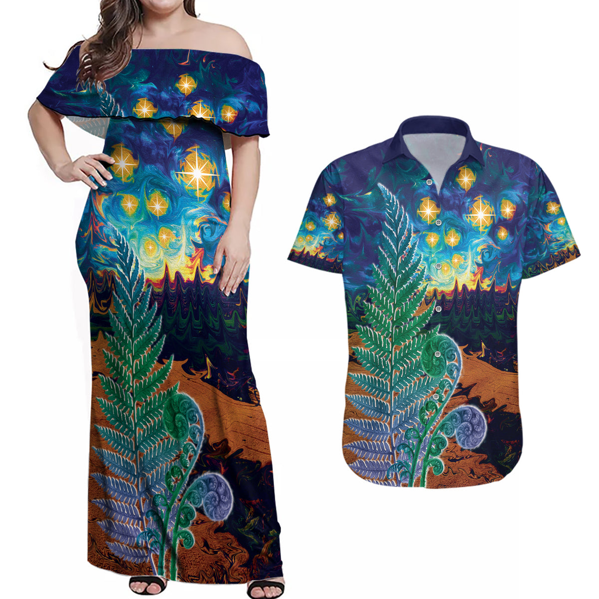 Personalised New Zealand Matariki Art Star Couples Matching Off Shoulder Maxi Dress and Hawaiian Shirt Koru Fern Night Starry Sky LT9 Black - Polynesian Pride