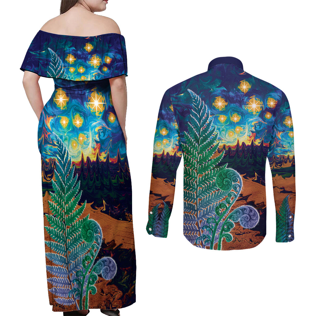 Personalised New Zealand Matariki Art Star Couples Matching Off Shoulder Maxi Dress and Long Sleeve Button Shirt Koru Fern Night Starry Sky LT9 - Polynesian Pride