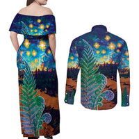 Personalised New Zealand Matariki Art Star Couples Matching Off Shoulder Maxi Dress and Long Sleeve Button Shirt Koru Fern Night Starry Sky LT9 - Polynesian Pride