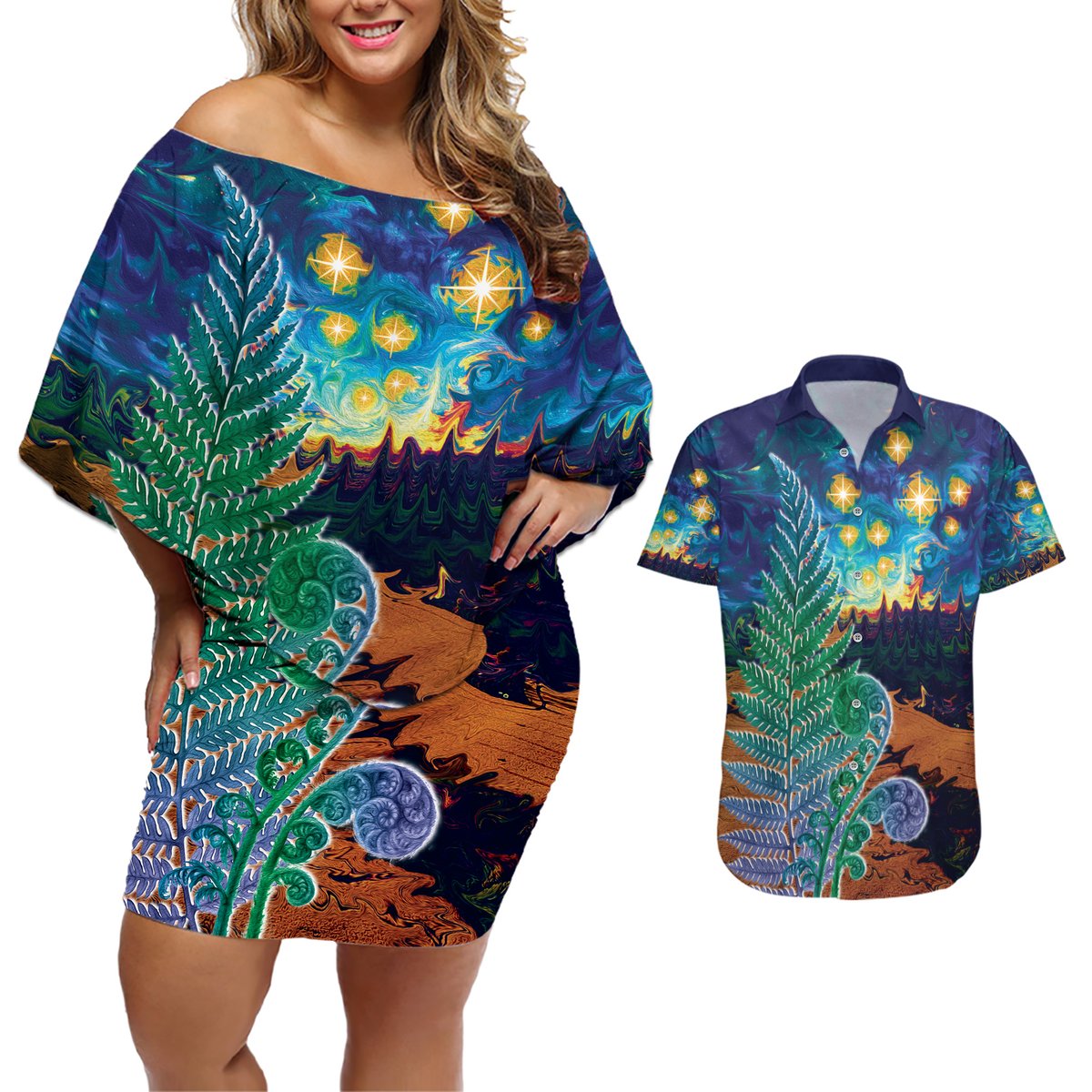Personalised New Zealand Matariki Art Star Couples Matching Off Shoulder Short Dress and Hawaiian Shirt Koru Fern Night Starry Sky LT9 Black - Polynesian Pride