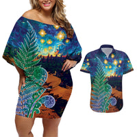 Personalised New Zealand Matariki Art Star Couples Matching Off Shoulder Short Dress and Hawaiian Shirt Koru Fern Night Starry Sky LT9 Black - Polynesian Pride