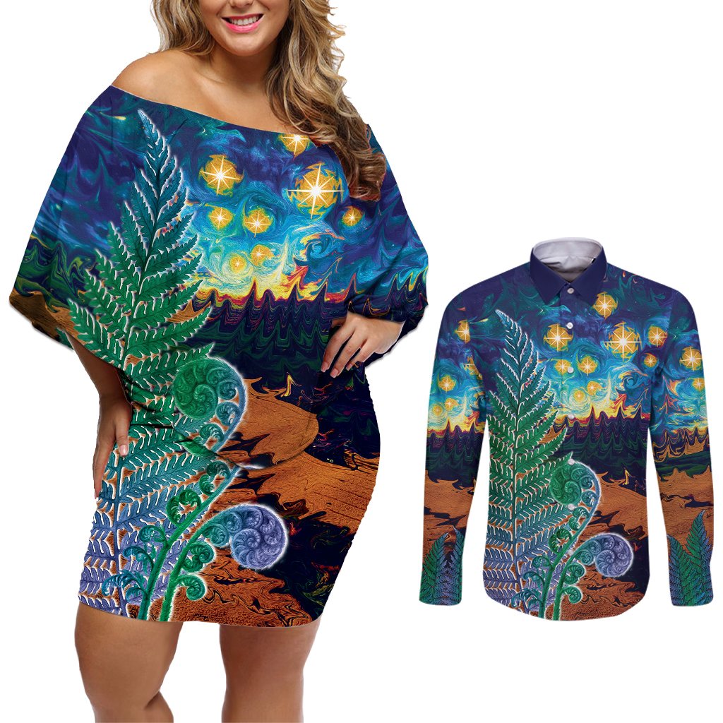 Personalised New Zealand Matariki Art Star Couples Matching Off Shoulder Short Dress and Long Sleeve Button Shirt Koru Fern Night Starry Sky LT9 Black - Polynesian Pride