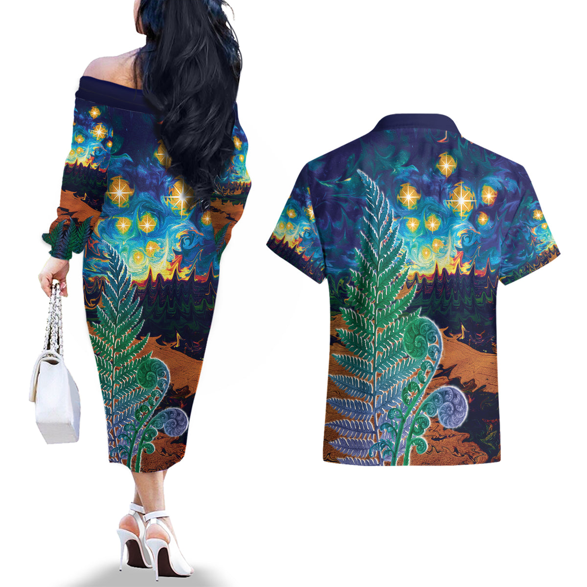 Personalised New Zealand Matariki Art Star Couples Matching Off The Shoulder Long Sleeve Dress and Hawaiian Shirt Koru Fern Night Starry Sky LT9 - Polynesian Pride