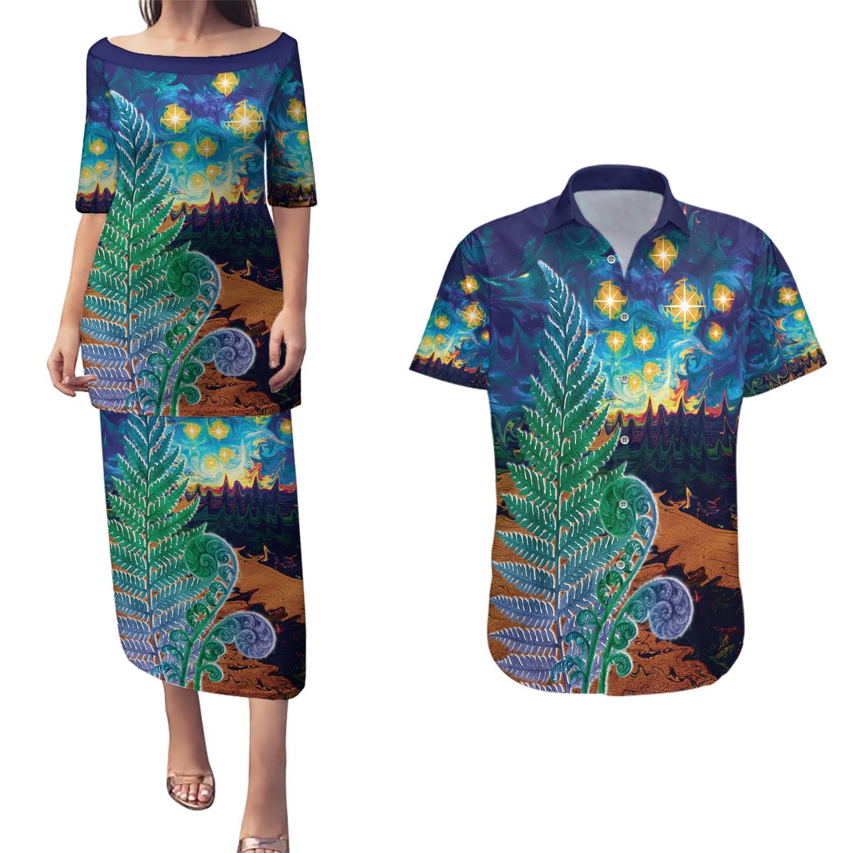 Personalised New Zealand Matariki Art Star Couples Matching Puletasi and Hawaiian Shirt Koru Fern Night Starry Sky LT9 Black - Polynesian Pride