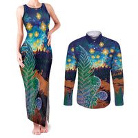 Personalised New Zealand Matariki Art Star Couples Matching Tank Maxi Dress and Long Sleeve Button Shirt Koru Fern Night Starry Sky LT9 Black - Polynesian Pride