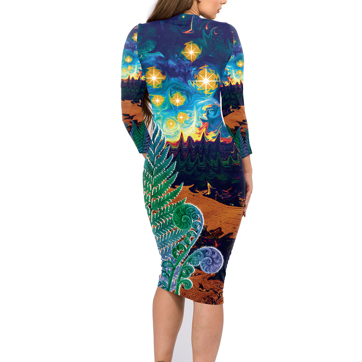 Personalised New Zealand Matariki Art Star Family Matching Long Sleeve Bodycon Dress and Hawaiian Shirt Koru Fern Night Starry Sky LT9 - Polynesian Pride