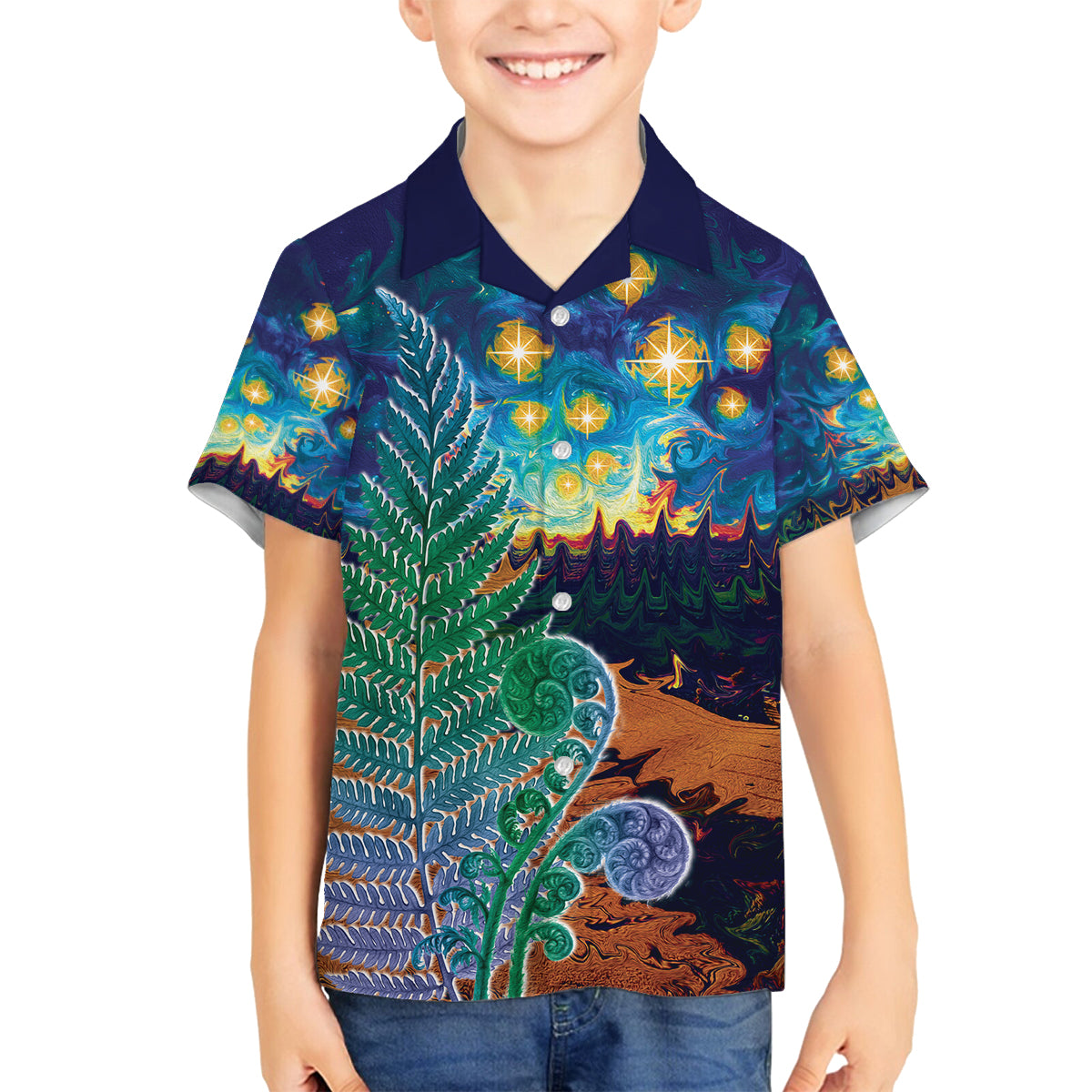 Personalised New Zealand Matariki Art Star Family Matching Off The Shoulder Long Sleeve Dress and Hawaiian Shirt Koru Fern Night Starry Sky LT9 Son's Shirt Black - Polynesian Pride