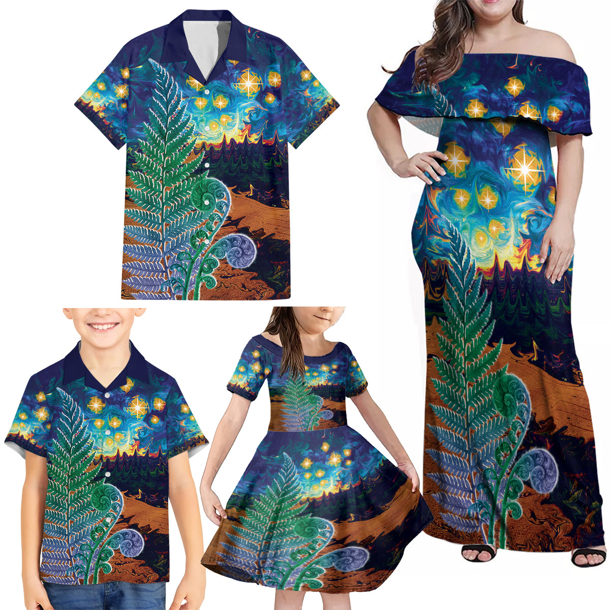 Personalised New Zealand Matariki Art Star Family Matching Off Shoulder Maxi Dress and Hawaiian Shirt Koru Fern Night Starry Sky LT9 - Polynesian Pride