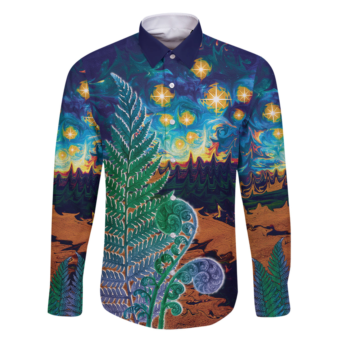 Personalised New Zealand Matariki Art Star Family Matching Off Shoulder Short Dress and Hawaiian Shirt Koru Fern Night Starry Sky LT9 Dad's Shirt - Long Sleeve Black - Polynesian Pride