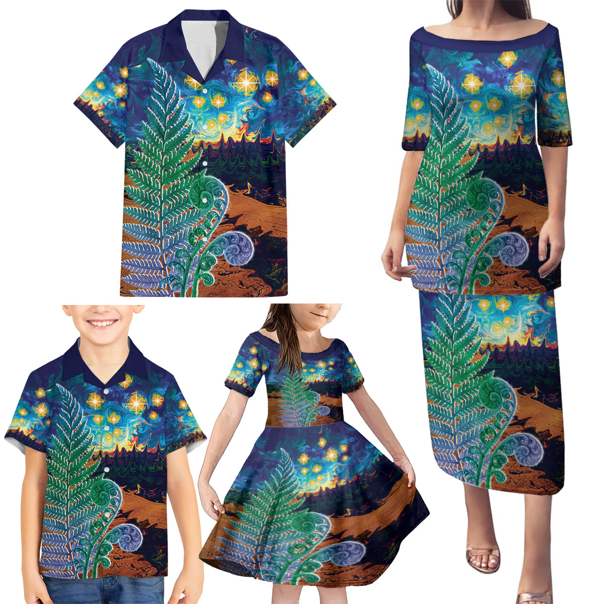 Personalised New Zealand Matariki Art Star Family Matching Puletasi and Hawaiian Shirt Koru Fern Night Starry Sky LT9 - Polynesian Pride