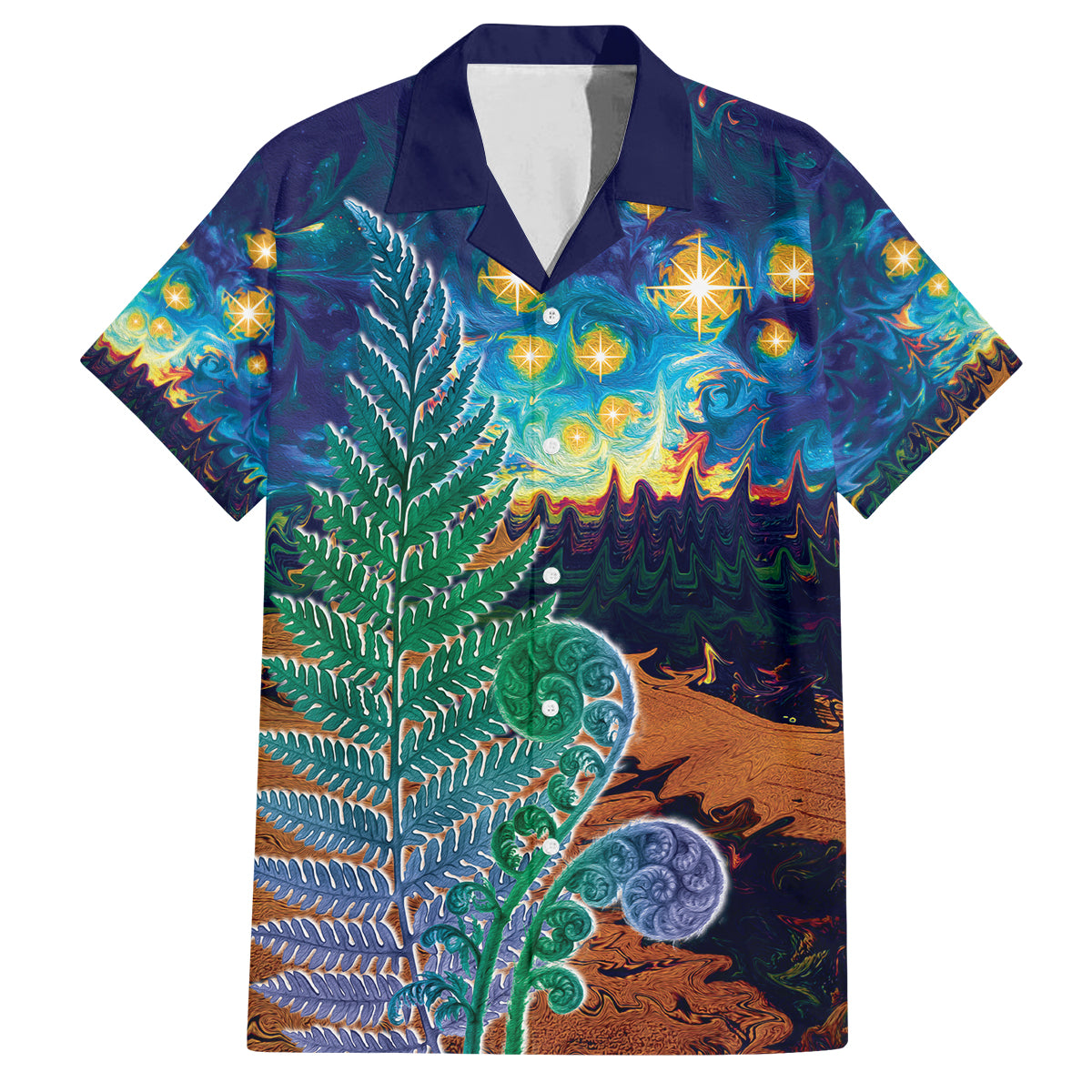 Personalised New Zealand Matariki Art Star Family Matching Puletasi and Hawaiian Shirt Koru Fern Night Starry Sky LT9 Dad's Shirt - Short Sleeve Black - Polynesian Pride