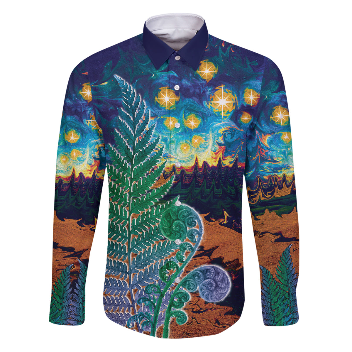 Personalised New Zealand Matariki Art Star Family Matching Puletasi and Hawaiian Shirt Koru Fern Night Starry Sky LT9 Dad's Shirt - Long Sleeve Black - Polynesian Pride