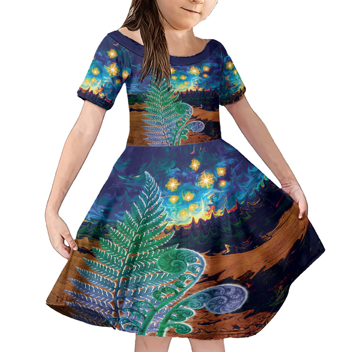 Personalised New Zealand Matariki Art Star Family Matching Short Sleeve Bodycon Dress and Hawaiian Shirt Koru Fern Night Starry Sky LT9 Daughter's Dress Black - Polynesian Pride