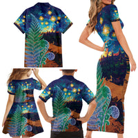 Personalised New Zealand Matariki Art Star Family Matching Short Sleeve Bodycon Dress and Hawaiian Shirt Koru Fern Night Starry Sky LT9 - Polynesian Pride