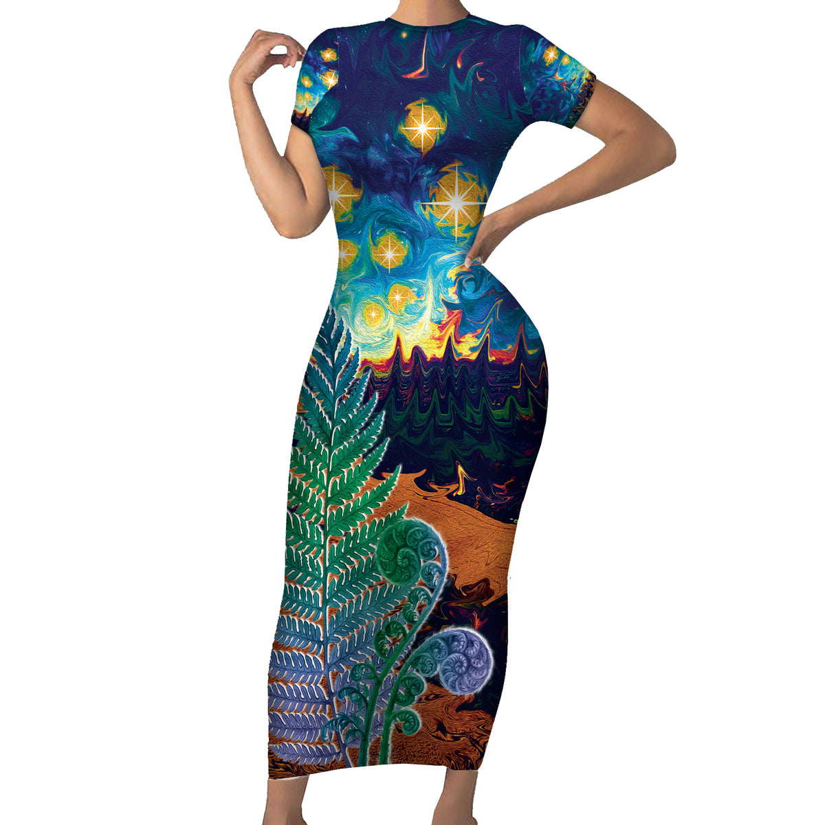 Personalised New Zealand Matariki Art Star Family Matching Short Sleeve Bodycon Dress and Hawaiian Shirt Koru Fern Night Starry Sky LT9 Mom's Dress Black - Polynesian Pride